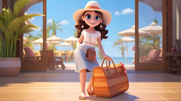 Animated young woman in summer attire with a hat and bag standing on a sunny resort patio