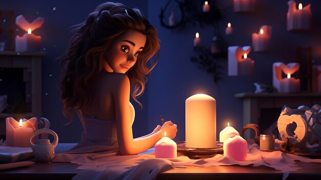 Animated young woman with candles romantic and cozy atmosphere digital art