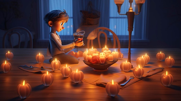 Animated young woman with candles romantic and cozy atmosphere digital art