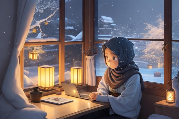 Animatie met Ramadan-thema Meisje op laptop in haar comfortabele kamer Winterzicht vanuit het raam