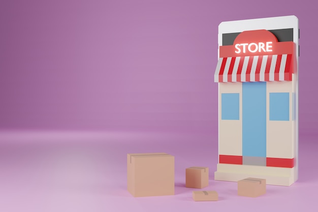 Animatie online winkelen E-commerce, winkel, doos en bestelwagens op smartphone, 3D-rendering