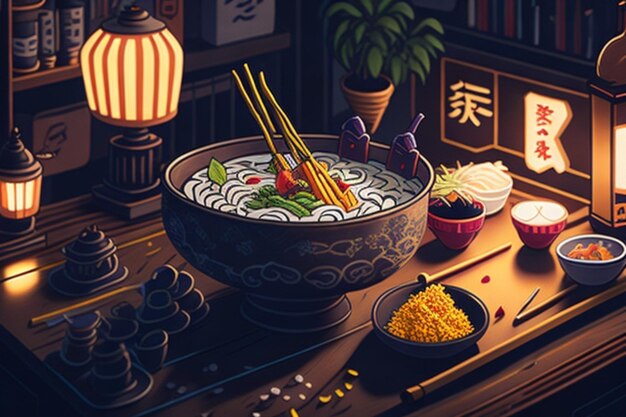 animatie van ramen noedels een typisch Japans Aziatisch eten