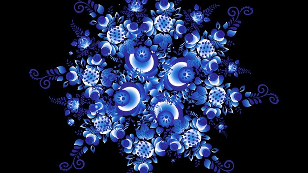 Animatie van Russische Chochloma Chochloma Rusland van helderblauwe bloemen op zwarte achtergrond