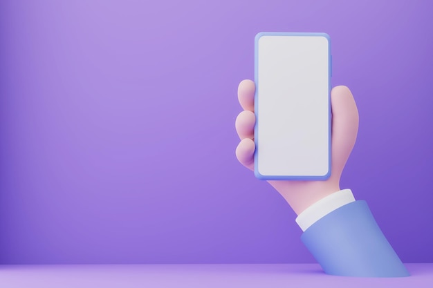 Animatiehand met smartphone met wit scherm op violette achtergrond, 3d illustratie