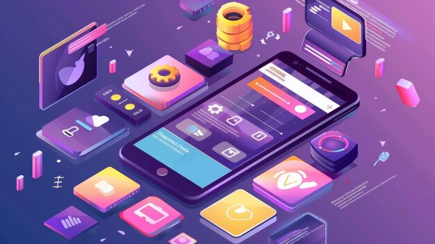 Photo animation banner with isometric illustration of smartphone with app and hand film production video editing software mobile app for editing media content