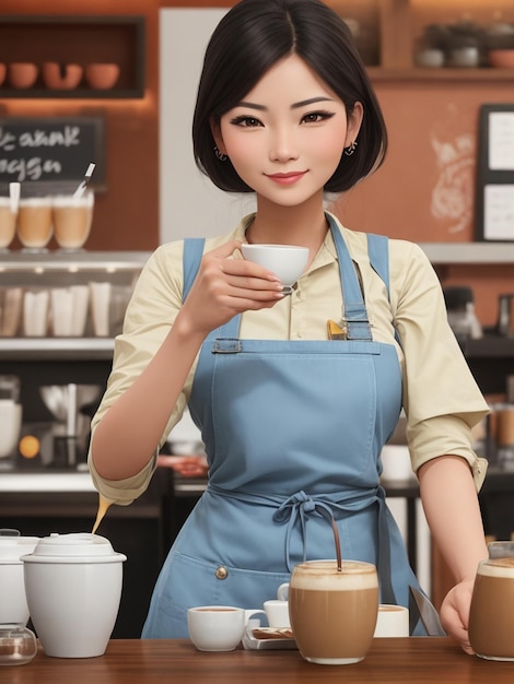 Animation of a Beautiful Female Barista Asian Woman Strong Colors in a Cafe Serving a Coffee Dri
