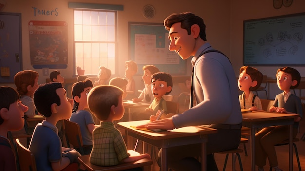 animation of the children cheerful and teacher in the classroom