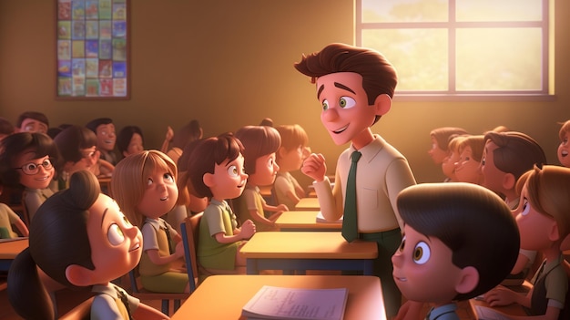 animation of the children cheerful and teacher in the classroom