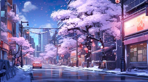 Анимация городского пейзажа с деревом сакута