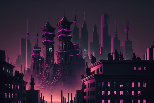 Animation created with a computer The digital pink neon sky and gloomy cityscape