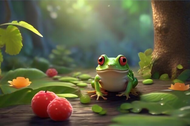 Photo animation fairytale of a cute baby frog eating lots of fruit in the forest