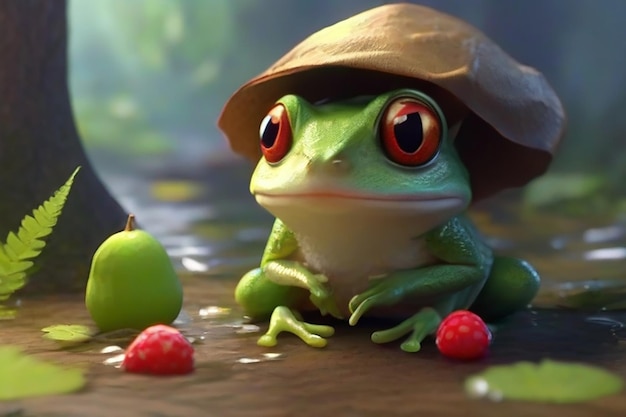 Фото Анимация сказка о милом маленьком лягушке, который ест много фруктов в лесу