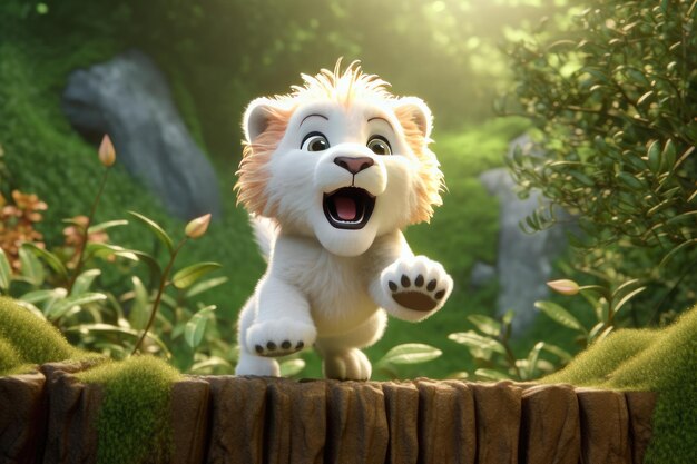 Animation film is a lion cub that is on a platform in the jungle.