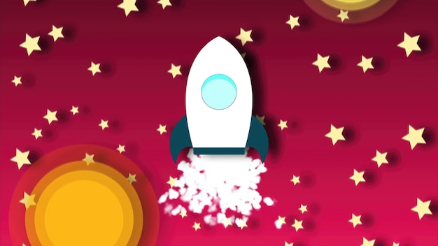 Photo animation of flying cartoon rocket with view from cosmos