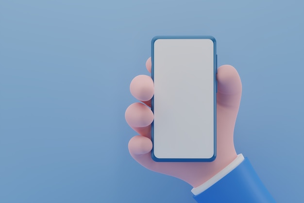 Animation hand holding smartphone with white screen on blue background d illustration