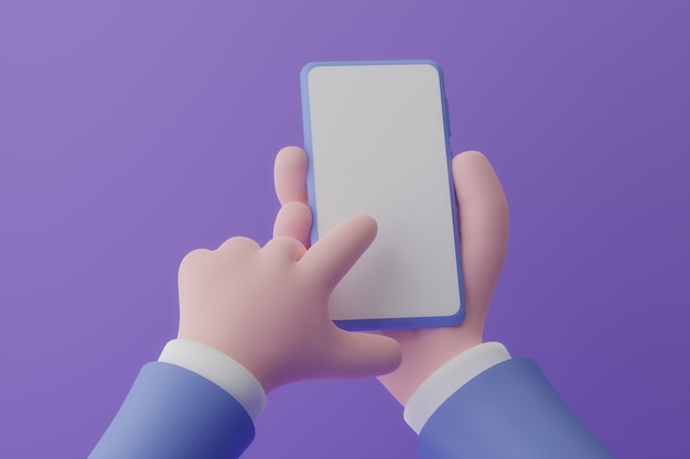 Animation hand holding smartphone with white screen on violet background d illustration