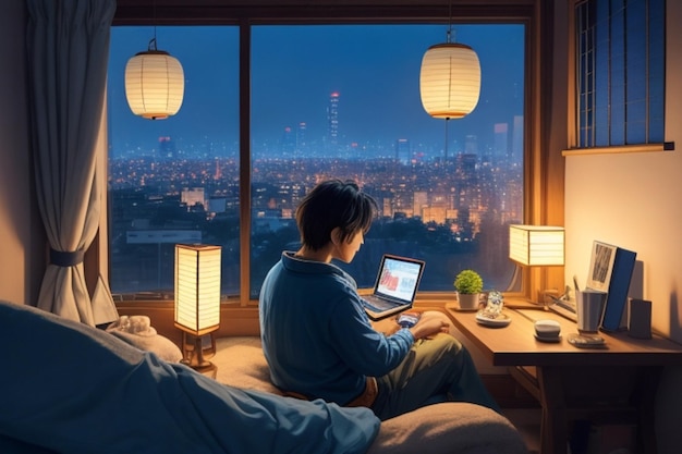 窓から冬の街の明かりを眺めながら、ペットと一緒にラップトップを使用している男性のアニメーション