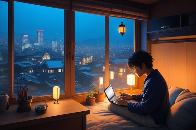 Animation of a man using a laptop with his pet with a view of city lights in winter from the window