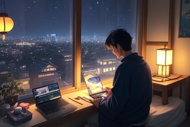 Animation of a man using a laptop with his pet with a view of city lights in winter from the window