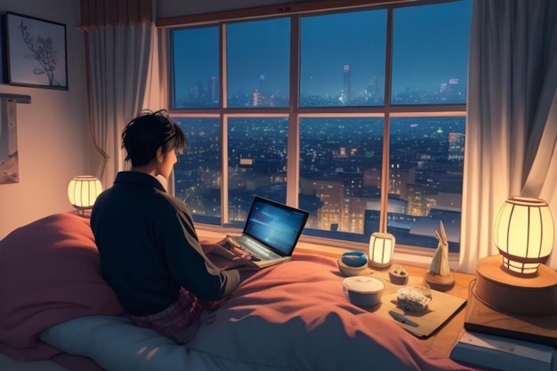 Animation of a man using a laptop with his pet with a view of city lights in winter from the window