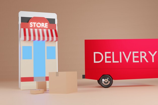 Foto commercio elettronico online di acquisto di animazione, deposito, scatola e camion di consegna sullo smartphone, rappresentazione 3d