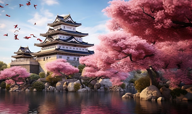 Animation of pink Japanese natural scenery and castles AI generative design