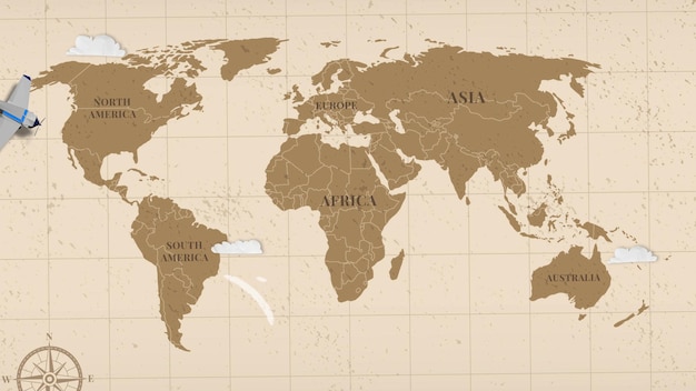 ビンテージ世界地図上を飛行するアニメーション飛行機が跡を残す 世界旅行 休暇 輸送船 モーションアニメーション