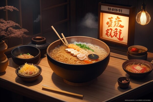 라멘 누들 (Ramen noodles) 의 애니메이션은 일본의 전형적인 아시아 음식입니다.