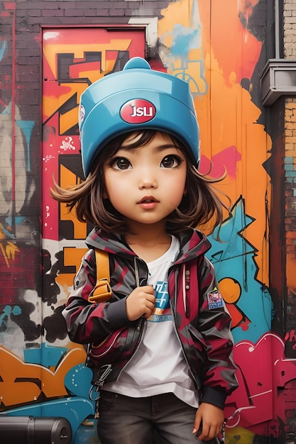 Photo animation style girl in front of a scene with graffiti