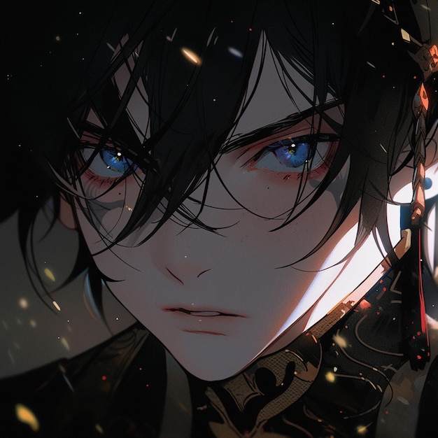 Anime-achtig beeld van een man met blauwe ogen en een zwart jasje generatief ai