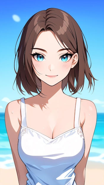 Anime aesthetic illustration of a beautiful girl wearing a swimsuit on the beach in summer