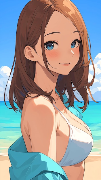 Photo anime aesthetic illustration of a beautiful girl wearing a swimsuit on the beach in summer