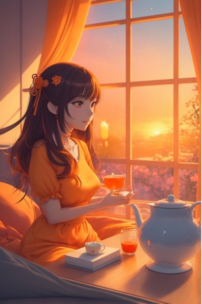 Foto anime solo al tramonto donna seduta alla finestra con una tazza di caffè