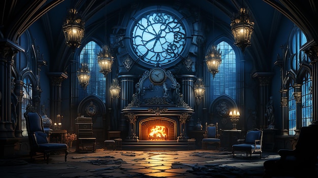 Anime Ambiance Gothic Room Fireplace in Japanese Anime Style