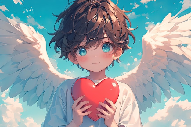 Photo anime angel boy with blue eyes and white wings holding a red heart with sky on background