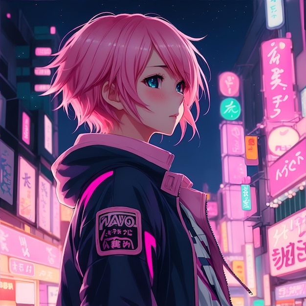 Foto arte anime ragazza asiatica con i capelli rosa sullo sfondo della città