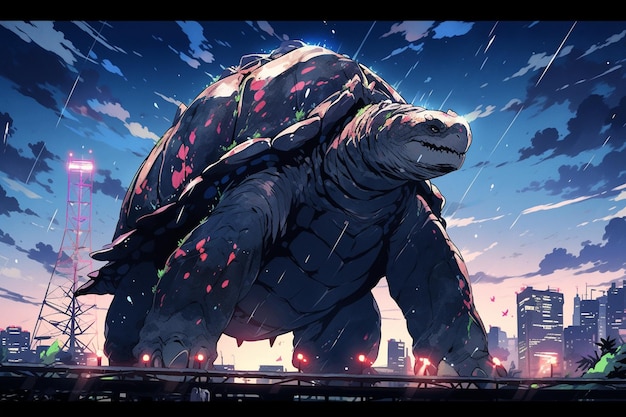 anime art of a giant turtle walking on a bridge in the rain generative ai