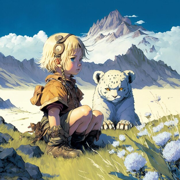 Anime art of a girl and a white tiger in a field generative ai