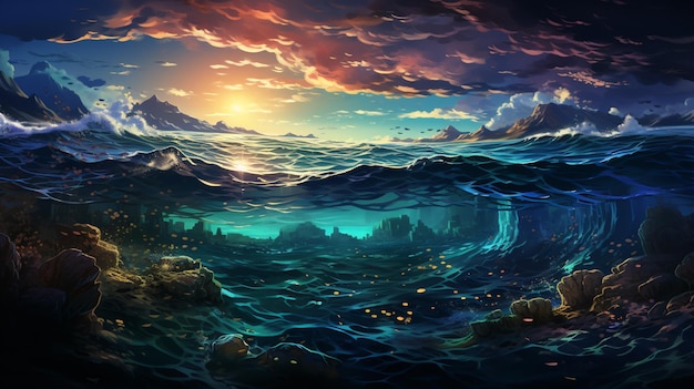 Photo anime art of a sunset over a sea with a cave generative ai