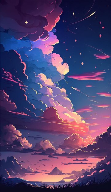 anime art of a sunset with a person standing on a hill generative ai