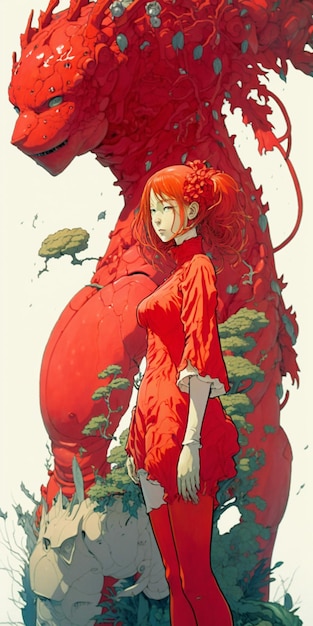 anime art of a woman in red standing next to a red dragon generative ai