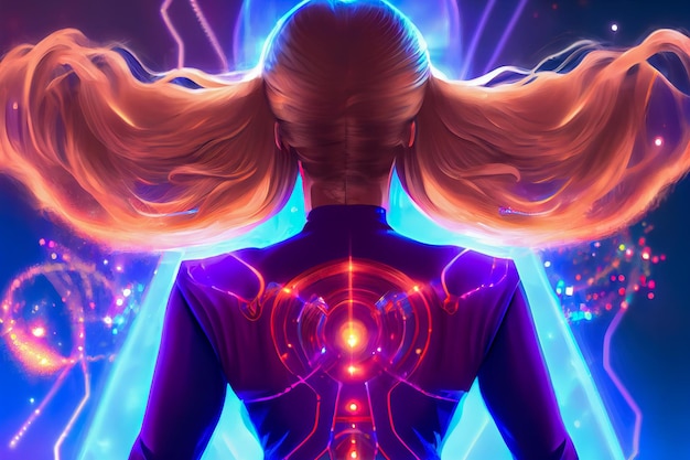 Anime back of a woman in glowing holograms Generative AI