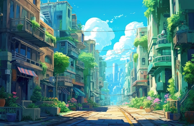 Anime background city with buildings of the future