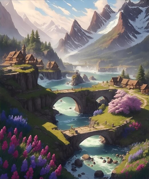 Anime Background digital painting a city hidden in nature