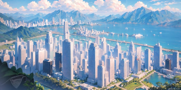 anime background hong kong city business buildings sunny skyscraper sky blue sky landscape ai