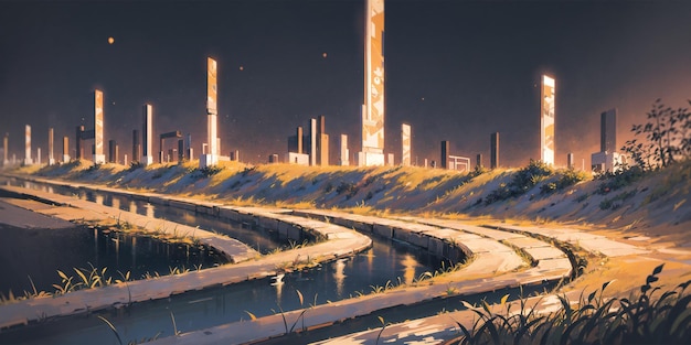 Anime background landscape golden river field panorama generative ai