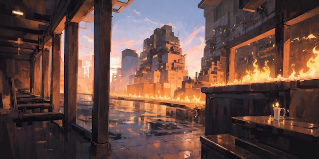 Anime background landscape hell fire flame lava city town generative ai generative ai