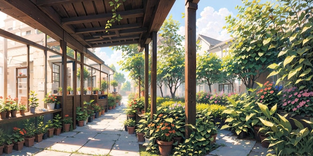 Anime background landscape park greenhouse garden backyard architecture blue sky generative ai