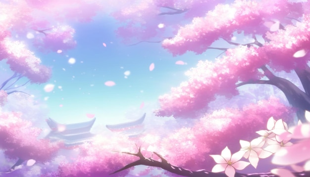 アニメの背景、空と桜の花びらの風景