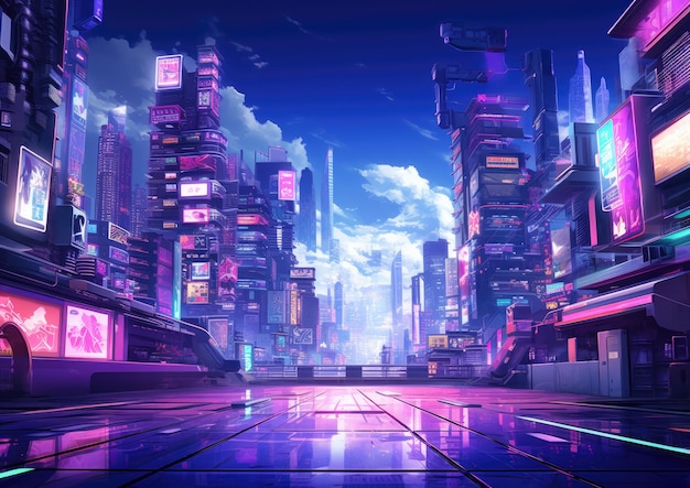 Create a stunning cinematic big anime wallpaper featuring a mesmerizing  futuristic cityscape with towering skyscrapers, vibrant neon lights  illuminating the bustling streets below, and an awe-inspiring anime  protagonist standing confidently at the